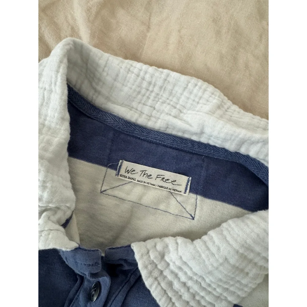 We The Free People Blue White Striped Cropped Rugby Polo Shirt Size XS